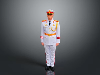 Person Wearing White Military Uniform With Red Gold Decorations Belt Epaulets And Cap 3d model