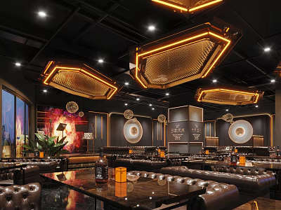 Modern Luxury Bar Interior With Leather Sofas Glass Tables And Unique Chandeliers 3d model