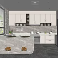 Modern Kitchen Interior With White Cabinets Marble Island Countertop Built-in Oven And Natural Light