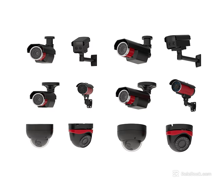 Projection Surveillance Cameras Various Types Black Red Home Security Monitoring Devices 3d model 
