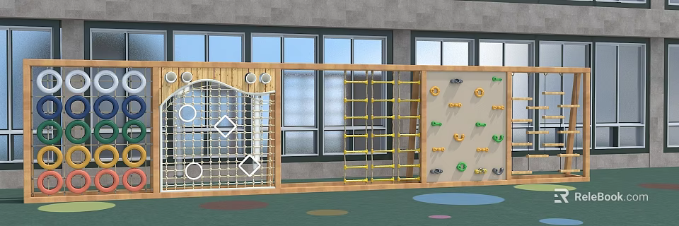Kindergarten Playground With Climbing Net Yellow Ladder Rock Climbing Wall And Colorful Floor Dots 3d model 