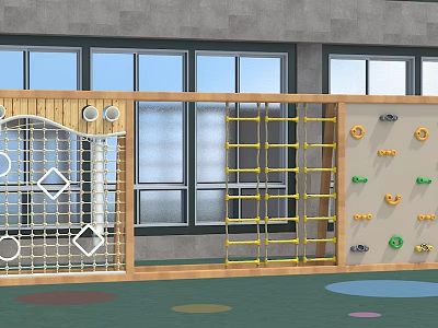 Kindergarten Playground With Climbing Net Yellow Ladder Rock Climbing Wall And Colorful Floor Dots 3d model