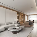 Modern Open Living and Dining Room With Wooden Table Pendant Lights TV Wall And Sofa