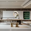 Modern Tea Room Interior Design With Stone Wall Round Mirror Long Table And Green Shelves