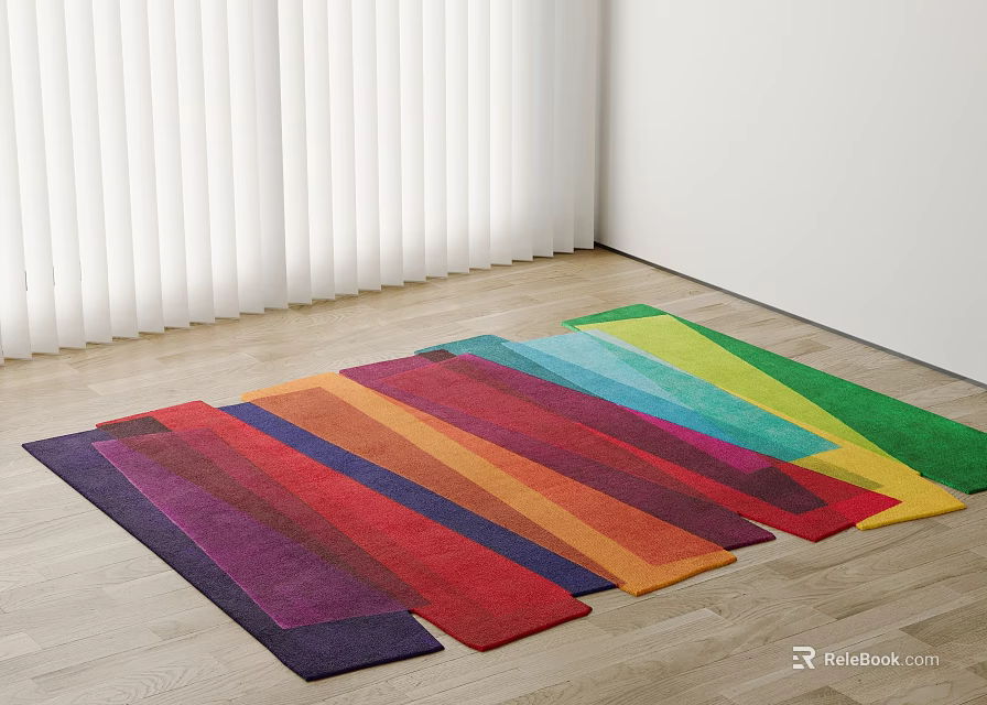 Colorful Square Rugs Laying On Wooden Floor Near Blinds 3d model 