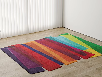 Colorful Square Rugs Laying On Wooden Floor Near Blinds 3d model