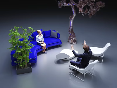 Modern Sofa Coffee Table Set With Blue Sofa Round Table Green Plants In Interior 3d model