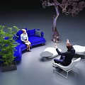Modern Sofa Coffee Table Set With Blue Sofa Round Table Green Plants In Interior 3d model