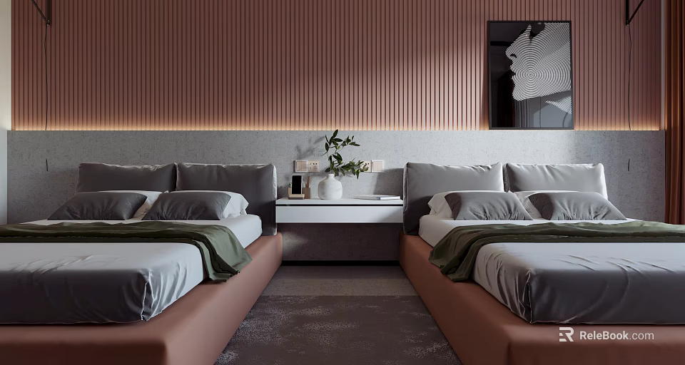 Modern Hotel Room With Twin Beds Brown Vertical Striped Wall And Black White Abstract Art 3d model 