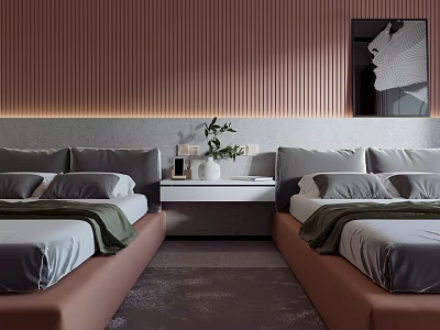 Modern Hotel Room With Twin Beds Brown Vertical Striped Wall And Black White Abstract Art 3d model