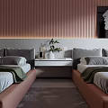 Modern Hotel Room With Twin Beds Brown Vertical Striped Wall And Black White Abstract Art