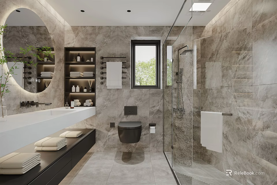 Marble Bathroom Interior Design With Large Round Mirror Built-in Bathtub And Separate Shower Area 3d model 