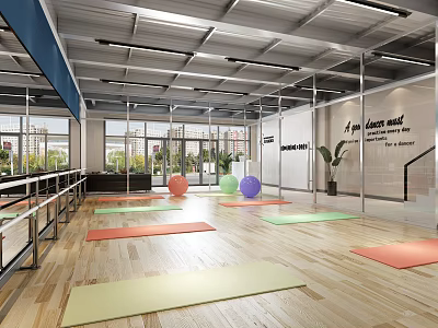 Modern Fitness Studio With Colorful Yoga Mats Exercise Balls Large Windows And Wooden Floor 3d model