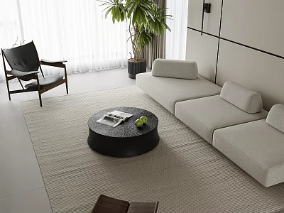 Modern Minimalist Living Dining Room Interior With Beige Sofa Round Coffee Table Rug And Plant 3d model