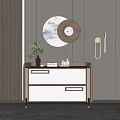 Modern Console Table With Drawers Green Plant And Circular Wall Decor 3d model