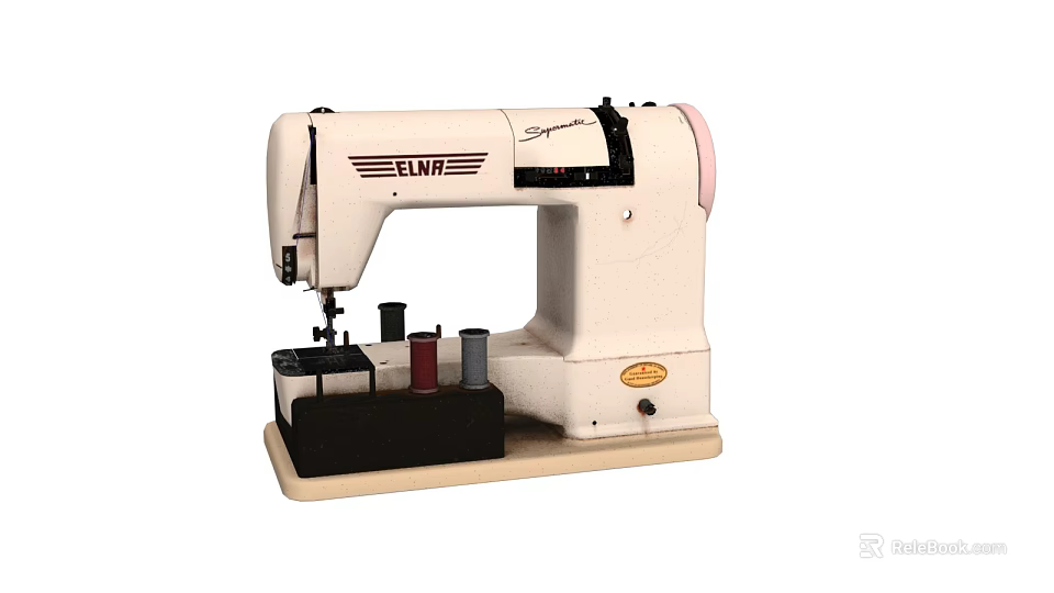 Industrial Sewing Machine ELNA White with Pink Accents and Thread Spools on Wooden Base 3d model