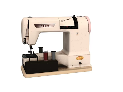 Industrial Sewing Machine ELNA White with Pink Accents and Thread Spools on Wooden Base 3d model