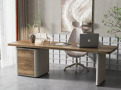 Modern Wooden Office Desk With Drawer Cabinet Laptop Decorative Items And Ergonomic Chair 3d model