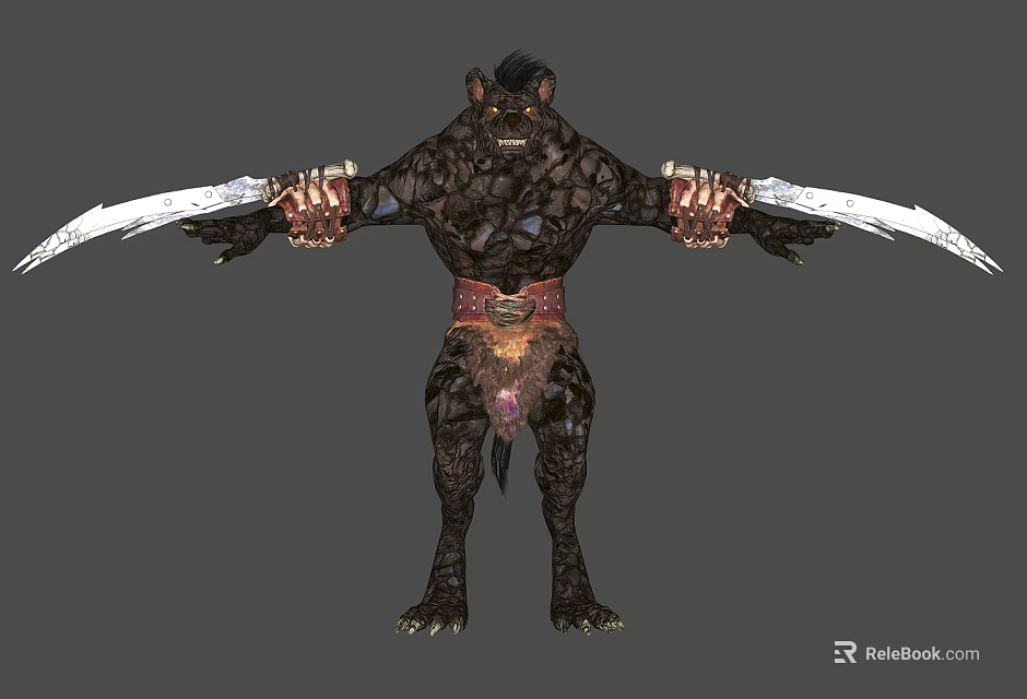 Muscular Reptilian Creature With Rock Like Skin Holding Swords And Red Belt Standing Pose 3d model 