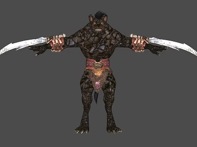 Muscular Reptilian Creature With Rock Like Skin Holding Swords And Red Belt Standing Pose 3d model