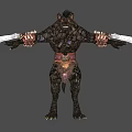 Muscular Reptilian Creature With Rock Like Skin Holding Swords And Red Belt Standing Pose