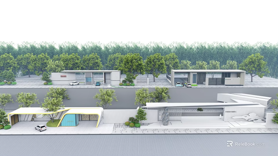 Modern Entrance Gate Design With Building Facade Green Trees Car And Road 3d model 