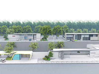Modern Entrance Gate Design With Building Facade Green Trees Car And Road 3d model