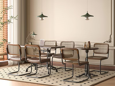 Café Interior with Wooden Tables Wicker Chairs Green Pendant Lights and Geometric Rug 3d model