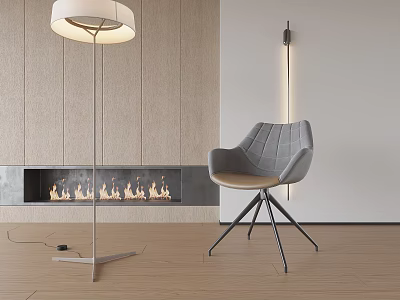 Modern Gray Quilted Single Chair In Living Room With Fireplace And Floor Lamp 3d model