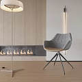 Modern Gray Quilted Single Chair In Living Room With Fireplace And Floor Lamp