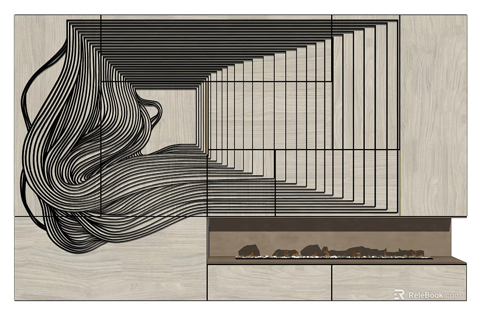 Modern Fireplace Design With Curved Wooden Lines And Decorative Display Shelf 3d model 