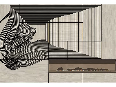 Modern Fireplace Design With Curved Wooden Lines And Decorative Display Shelf 3d model