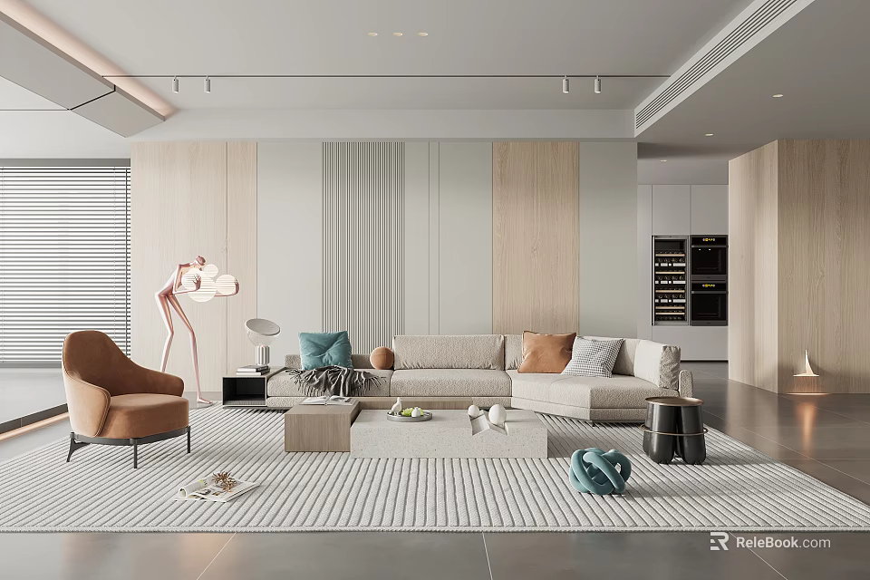 Modern Living Room Interior Design With Sofa Armchair Rug And Lighting 3d model 