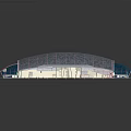 Modern Large Venue Architectural Design With Unique Red Striped Roof And Glass Facade