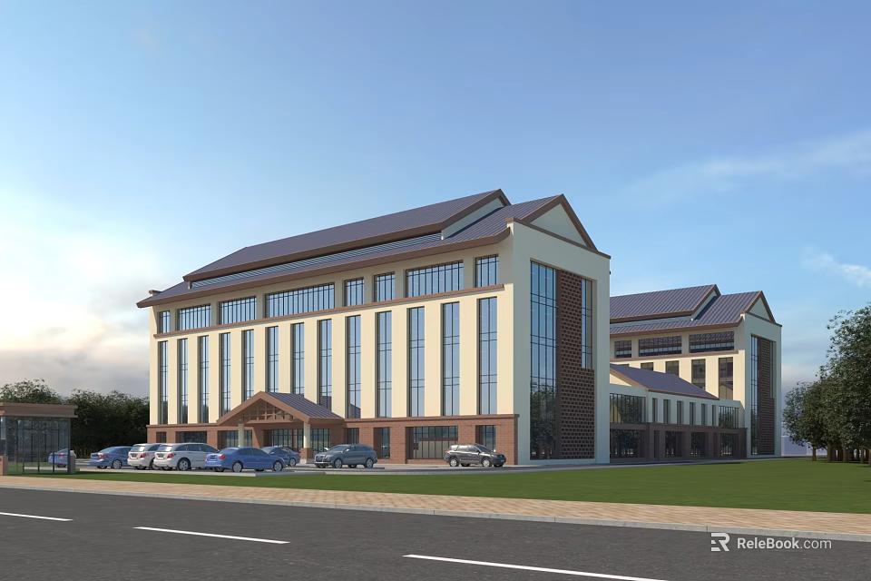 Modern Office Building With Large Glass Windows Dark Roof Front Lawn And Parked Cars 3d model 