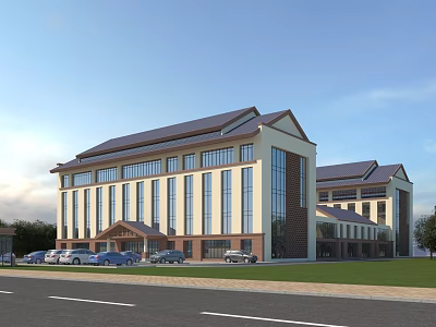 Modern Office Building With Large Glass Windows Dark Roof Front Lawn And Parked Cars 3d model