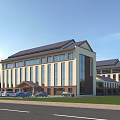 Modern Office Building With Large Glass Windows Dark Roof Front Lawn And Parked Cars
