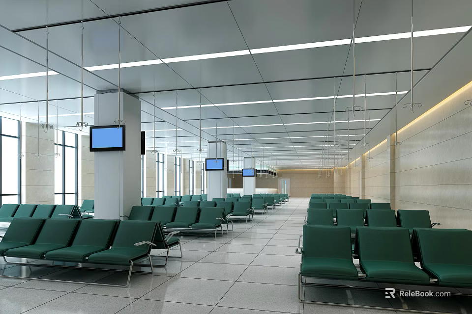 Hospital Outpatient Clinic Waiting Area With Green Chairs Screens And Bright Lights 3d model 