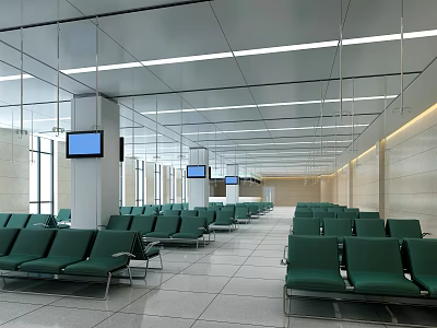 Hospital Outpatient Clinic Waiting Area With Green Chairs Screens And Bright Lights 3d model