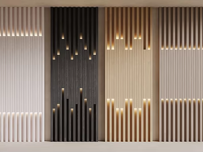 Modern Bedroom Accent Wall with Vertical Slats Embedded Lighting and Neutral Tones Decor Ideas 3d model