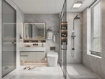 Modern Bathroom Interior Design With Gray Tiles Shower Vanity Mirror And Toilet 3d model
