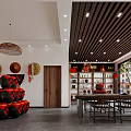 Tobacco and Liquor Store with Red Lanterns Wine Jars Tea Shelves and Mural Interior Design