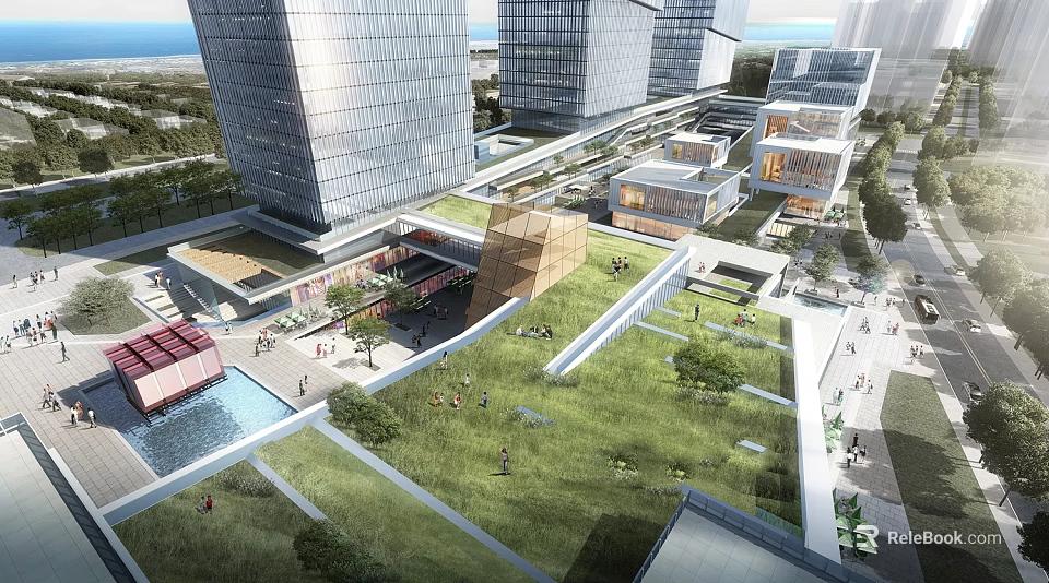 Modern Office Building Complex With Glass Curtain Walls Rooftop Garden Plaza And Water Pool 3d model 