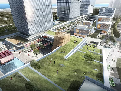 Modern Office Building Complex With Glass Curtain Walls Rooftop Garden Plaza And Water Pool 3d model