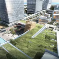 Modern Office Building Complex With Glass Curtain Walls Rooftop Garden Plaza And Water Pool