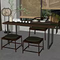 Chinese Style Wooden Tea Table And Padded Stools With Lantern And Green Plants