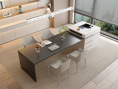 Modern Dining Table Set With Black Tabletop White Chairs Glass Plant In Open Kitchen Natural Light 3d model