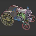 Vintage Tractor With Large Wheels Exposed Mechanical Engine And Metal Body