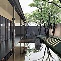 Modern Garden Landscape With Corridor Water Reflections Trees Wooden Structures And Light Effects
