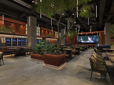 Warm Restaurant Interior With Red Brick Walls Green Plants Pendant Lights And Wooden Decor 3d model